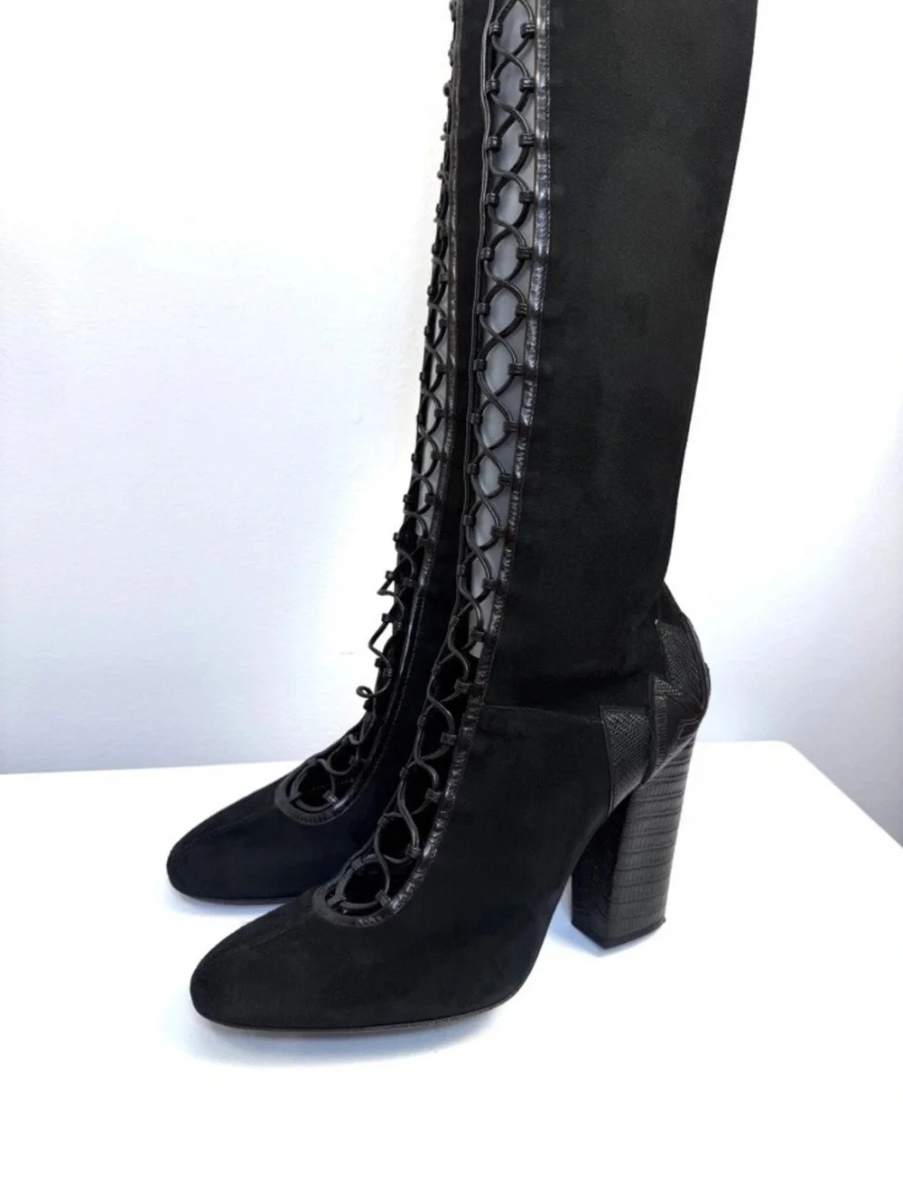 41 US 10 Italy Sergio Rossi Suede Leather Heel Over the Knee High Boots Lace Up